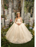 Long Sleeves Beaded Ivory Lace Tulle Luxury Flower Girl Dress